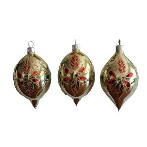 3x Commodore Teardrop Ornaments Romania Vintage Glitter Floral Gold Red 4"